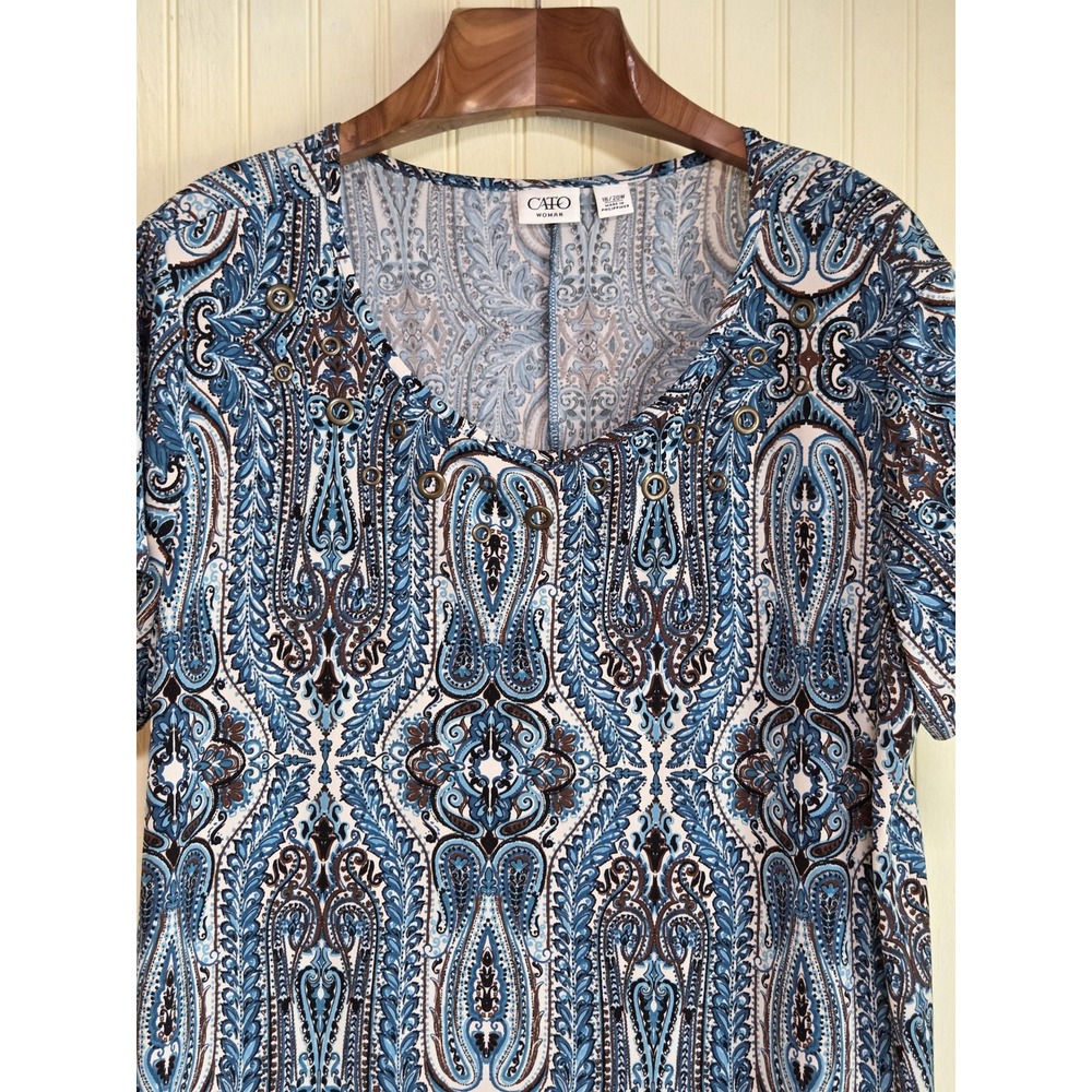 Cato Shirt Womens 18/20W Blue Brown Paisley Scoop Neck Tunic‎ Top Stretch